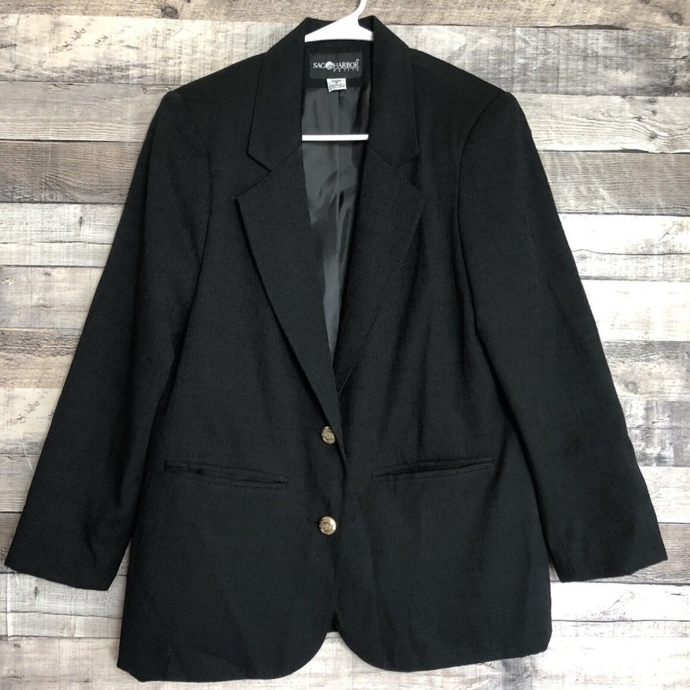 Sag Harbor Petite Size 8 Blazer Gold Button Black Long Sleeve Pockets